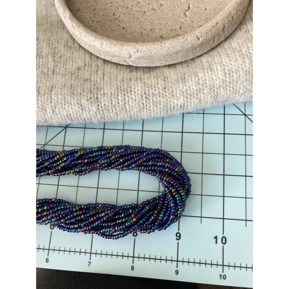 Iridescent Seed Bead Necklace‎ Multi Strand Twisted Peacock Blue Purple Chunky